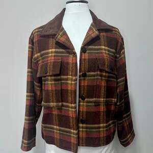 Finity Studio Vintage Plaid Wool Blend Crop Jacket with Corduroy Collar, Sz 10